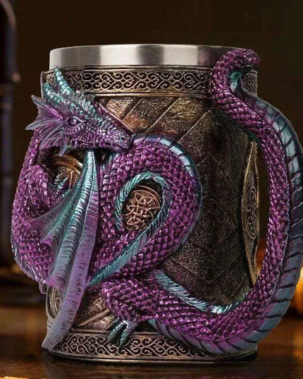 Dragon Resin Stainless Steel Beer Mug - Hand Painted Gothic Viking Skull Wine Goblet