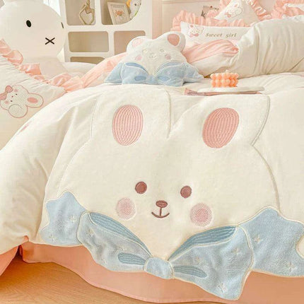 Charming Rabbit Applique Washed Cotton Bedding Set for Girls