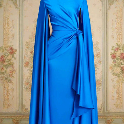 Chic Pleated Evening Dress with Bow Waist and Elegant Cape Sleeves - Summer Collection 35Z774