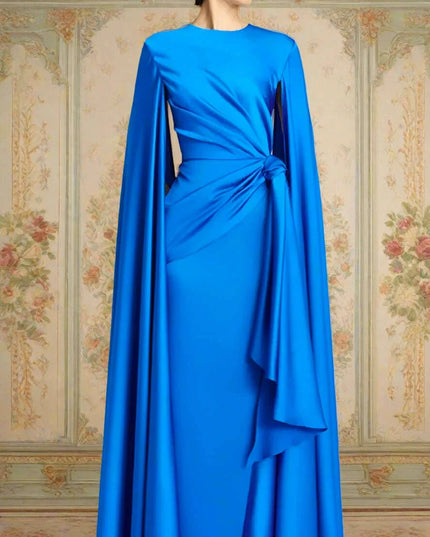Chic Pleated Evening Dress with Bow Waist and Elegant Cape Sleeves - Summer Collection 35Z774