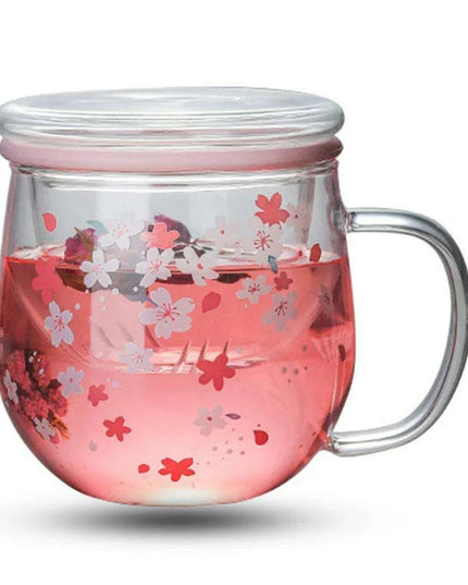Sakura Blossom 300ml Heat-Resistant Glass Tea Mug Set with Infuser and Lid