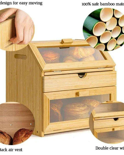 Elegant 3-Tier Bamboo Bread Storage Box with Clear Viewing Window - Chic Organizer for Fresh Baked Goods