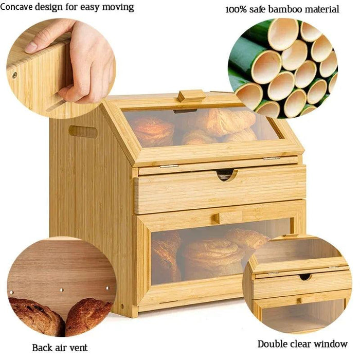 Elegant 3-Tier Bamboo Bread Storage Box with Clear Viewing Window - Chic Organizer for Fresh Baked Goods
