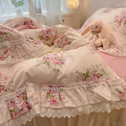 Vintage Floral Cotton Bedding Set - 100% Cotton Ruffle Edge Duvet Cover Set