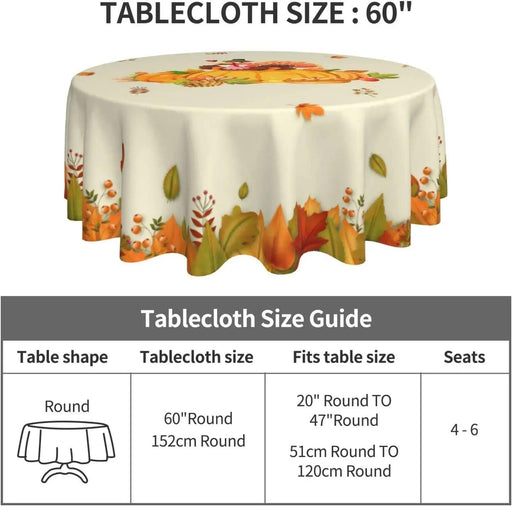 Turkey Harvest Feast Round Tablecloth | Autumn Leaves Design | 60 Inches