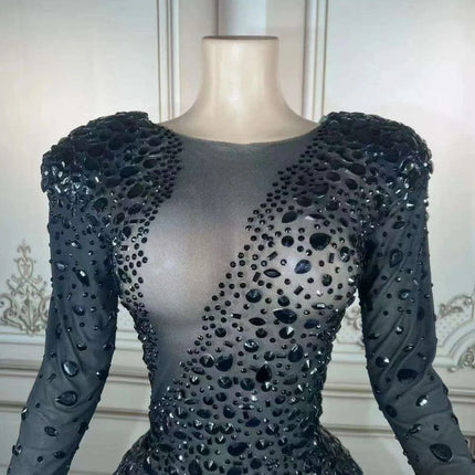 Glistening Black Rhinestone-Studded Sheer Long Sleeve Bodycon Mini Dress