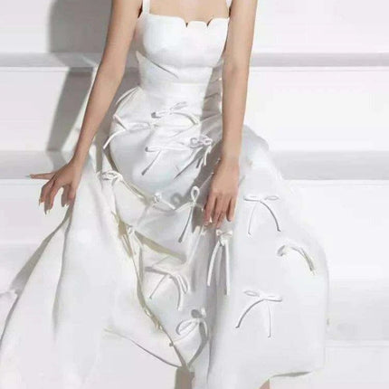 High Waist Solid Color Evening Gown with Charming Bowknot Detail