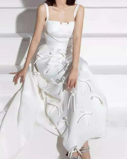 High Waist Solid Color Evening Gown with Charming Bowknot Detail