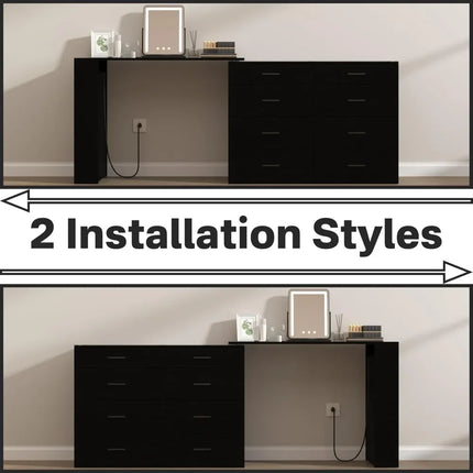Black LED Vanity Desk with Power Outlets, 8 Drawers & 3 Shelves, Extendable Modern Dressing Table black-led-vanity-desk-with-power-outlets-8-drawers-3-shelves-extendable-modern-dressing-table
