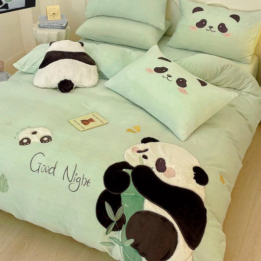 Charming Velvet Panda Bedding Set with Applique Details - Cozy Duvet Cover, Flat Sheet & Pillowcases for Various Bed Sizes