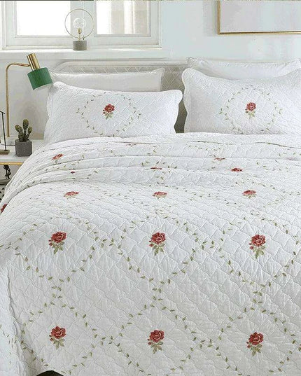 Floral Embroidered Oversized Queen Cotton Bedspread Set with Pillow Shams