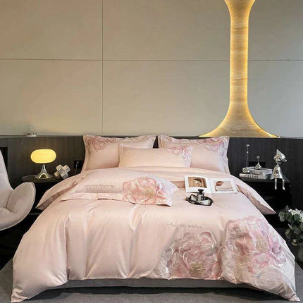 Elegant Floral Embroidery Cotton Bedding Collection - 4-Piece Duvet Cover Set with Sheets and Pillowcases in Soft Pink, Gray, and Blue