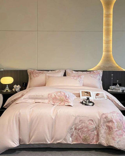 Elegant Floral Embroidery Cotton Bedding Collection - 4-Piece Duvet Cover Set with Sheets and Pillowcases in Soft Pink, Gray, and Blue