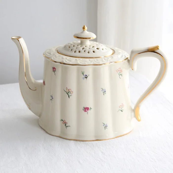 Elegant Gold and White Ceramic Tea Set with 220ml Cup and 800ml Teapot
