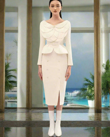 Sophisticated Double Breasted Tweed Ensemble with Petal Neck and Waist Belt - Women's Fall Collection 2024