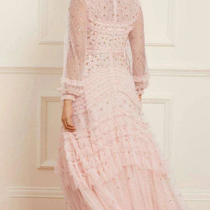 Elegant O-neck Layered Sequin High-Waist Dress for Women