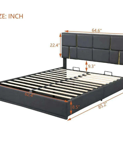 Regal Black & Gold LED Queen Bed Frame with Stylish Ottoman Storage