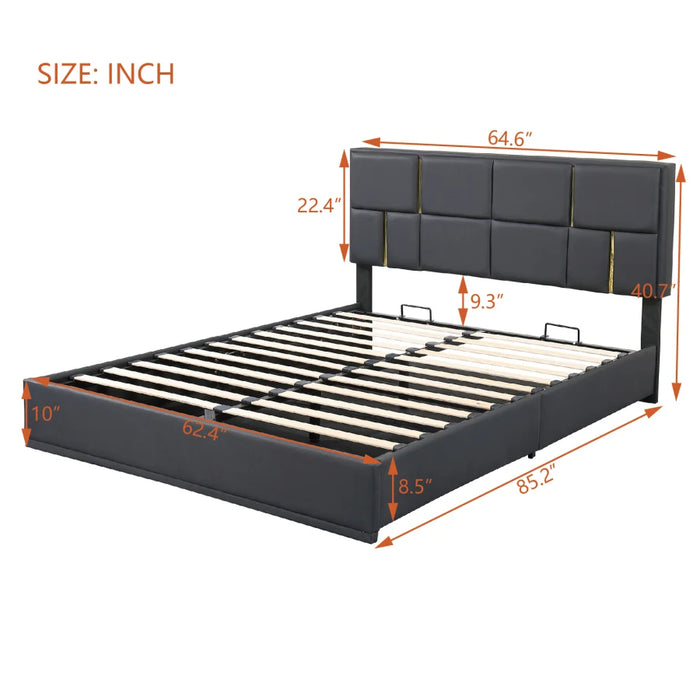 Regal LED Queen Size Bed Set with Ottoman Storage, Black & Gold