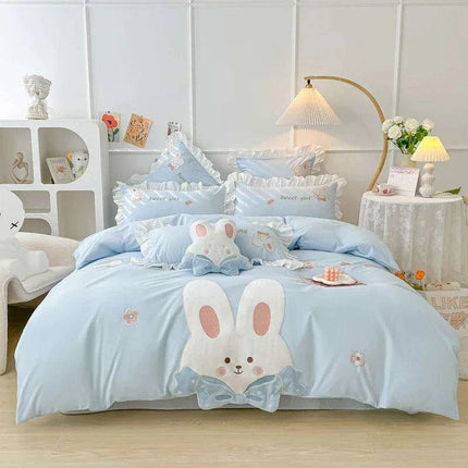 Charming Rabbit Applique Washed Cotton Bedding Set for Girls