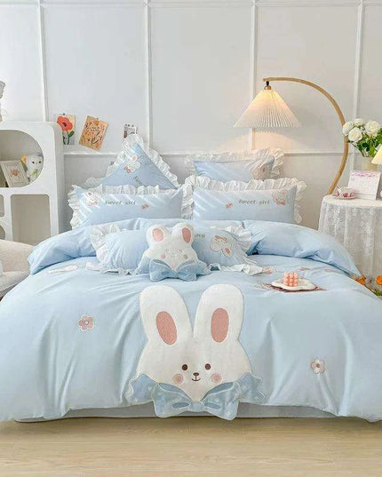 Charming Rabbit Applique Washed Cotton Bedding Set for Girls