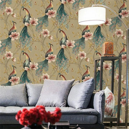 Peacock Feather & Floral Birds Wallpaper — Southeast Asian Mural, 53cm × 9.2m | Très Élite