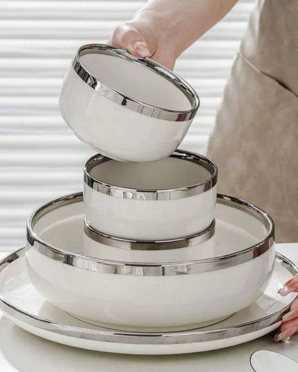 Sophisticated White Porcelain Dinnerware Collection with Silver Detailing for Elegant Home and Hotel Dining