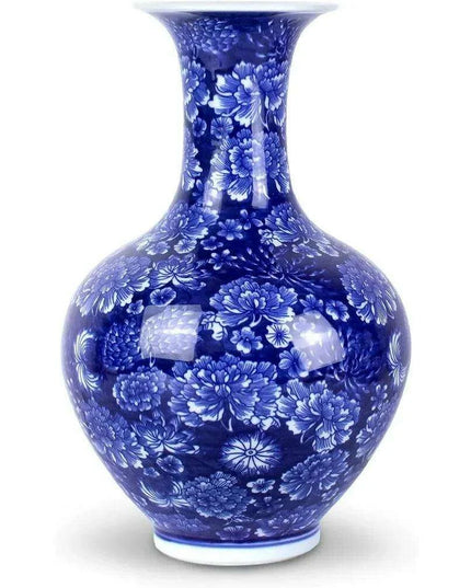 Handcrafted Blue and White Peony Porcelain Vase - Elegant Design with Optional Rotating Stand