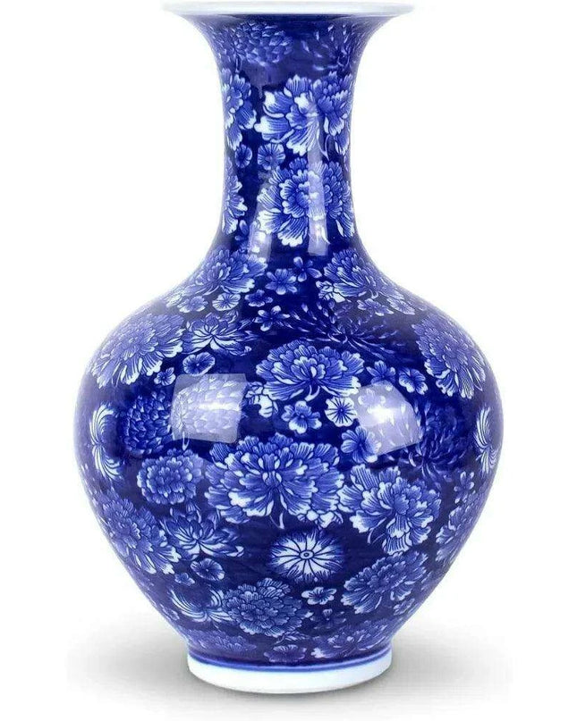 Handcrafted Blue and White Peony Porcelain Vase - Elegant Design with Optional Rotating Stand