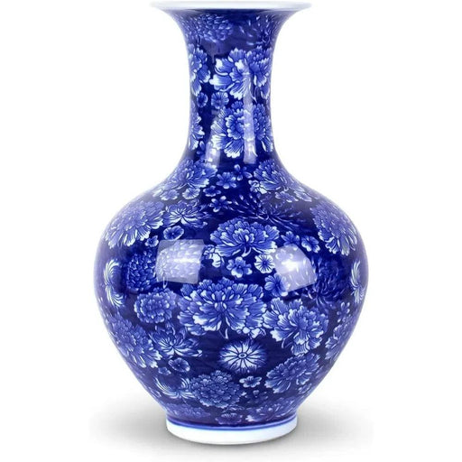 Handcrafted Blue and White Peony Porcelain Vase - Elegant Design with Optional Rotating Stand