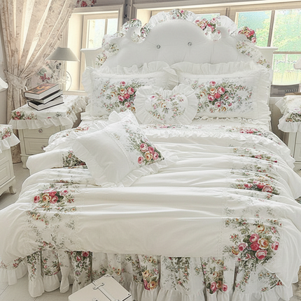 Shop211891 Luxury White Princess Bedding Set, 100% Cotton, Floral Ruff