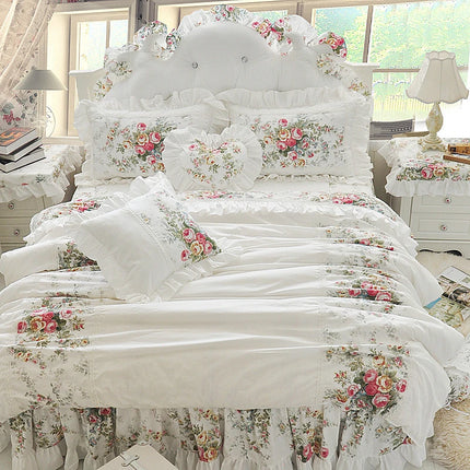 Shop211891 Luxury White Princess Bedding Set, 100% Cotton, Floral Ruff