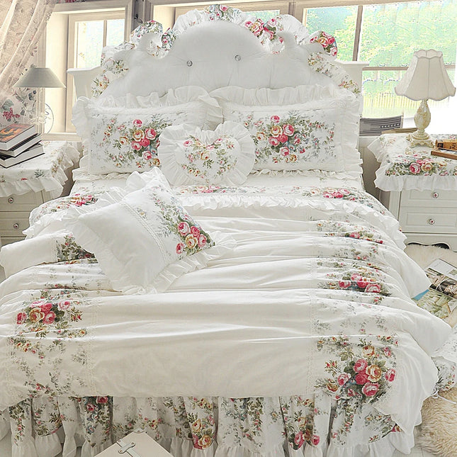 Shop211891 Luxury White Princess Bedding Set, 100% Cotton, Floral Ruff