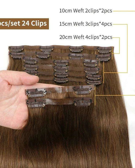 Invisible Seamless Clip-In Human Hair Extensions - 8 Piece Set, 100G/120G, 12-22 Inch Lengths