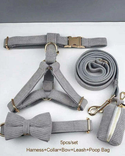 Personalized Light Grey Corduroy Dog Collar and Leash Set with Stylish Accessories