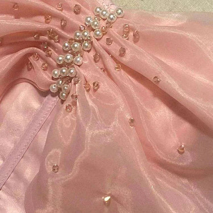 Elegant Pearl-Accented A-Line Mini Dress with Sheer Gauze Details - Women's 2024 Summer Celebration Attire