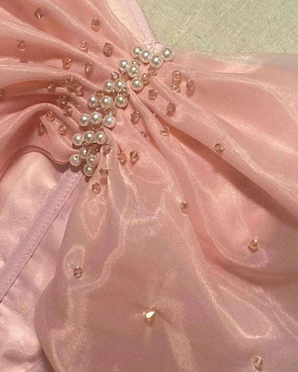 Elegant Pearl-Accented A-Line Mini Dress with Sheer Gauze Details - Women's 2024 Summer Celebration Attire