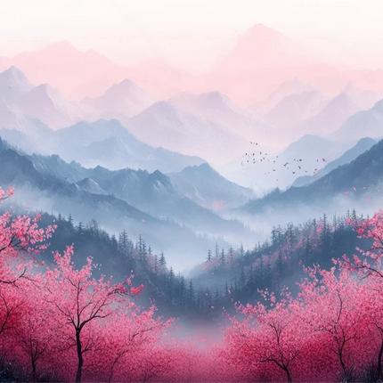 Mountain Lake Cherry Blossom 3D Mural Wallpaper