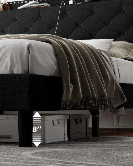 Luxurious Black Wingback Bed Frame with Smart Storage Headboard and Charging Ports