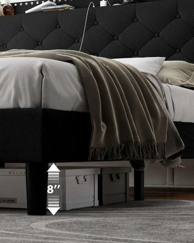 Luxurious Black Wingback Bed Frame with Smart Storage Headboard and Charging Ports