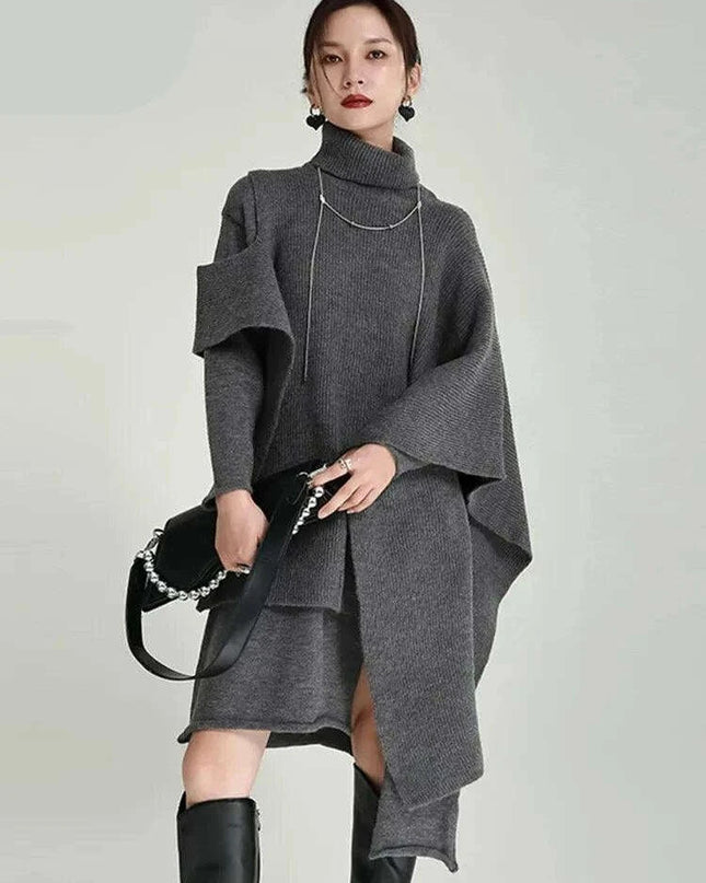 Trendy Women's Asymmetrical Gray Knit Turtleneck Dress - Loose Long Sleeve for Spring & Autumn 2024