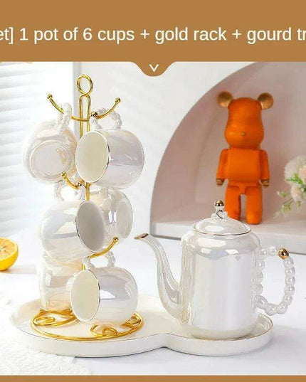 Sophisticated Pearl Ceramic Tea and Beverage Serving Collection with Coffee Pot and Cups