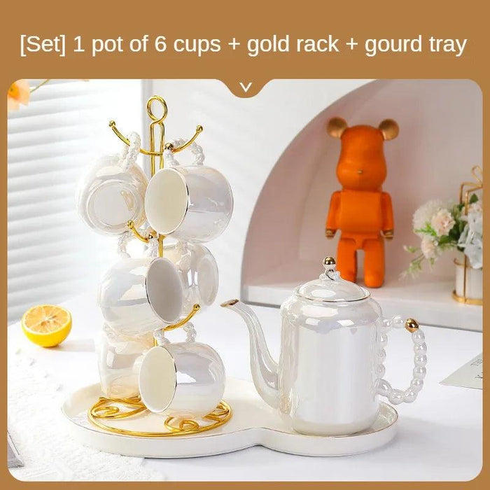 Sophisticated Pearl Ceramic Tea and Beverage Serving Collection with Coffee Pot and Cups