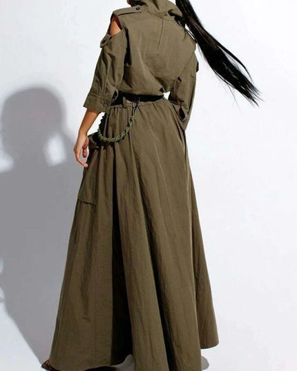 Elegant Retro Cold Shoulder Maxi Dress with Belt and Pockets