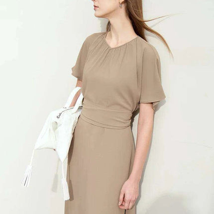 Chic Minimalist V-Neck Pleated Summer Dress with Lace-Up Detail for Women