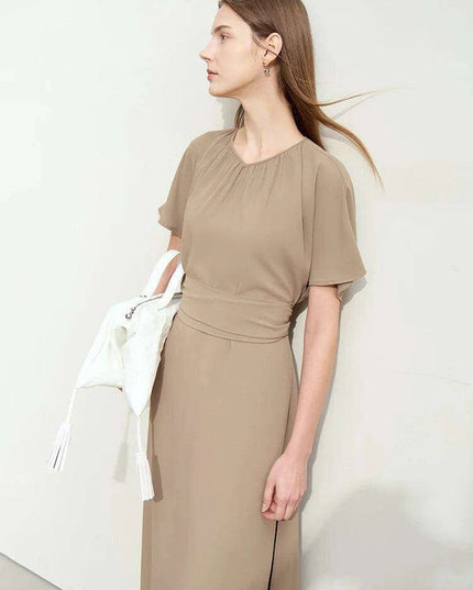 Chic Minimalist V-Neck Pleated Summer Dress with Lace-Up Detail for Women