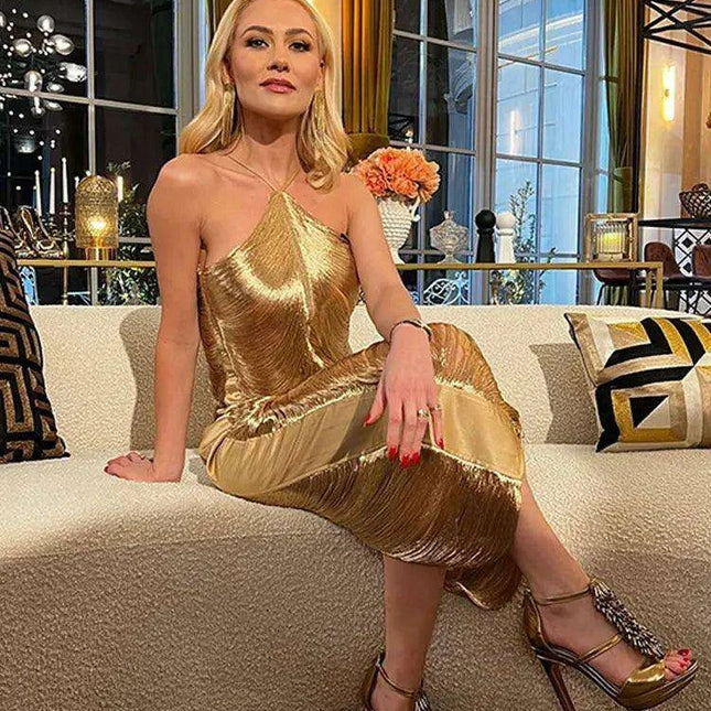 Glistening Metallic Halter Bodycon Mini Dress - Chic Backless Party Ensemble