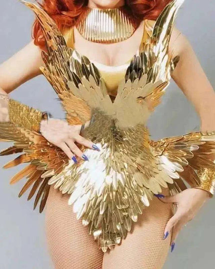 Radiant Gold Leaf Patent Leather Dance Bodysuit Set for Nightlife Glamour
