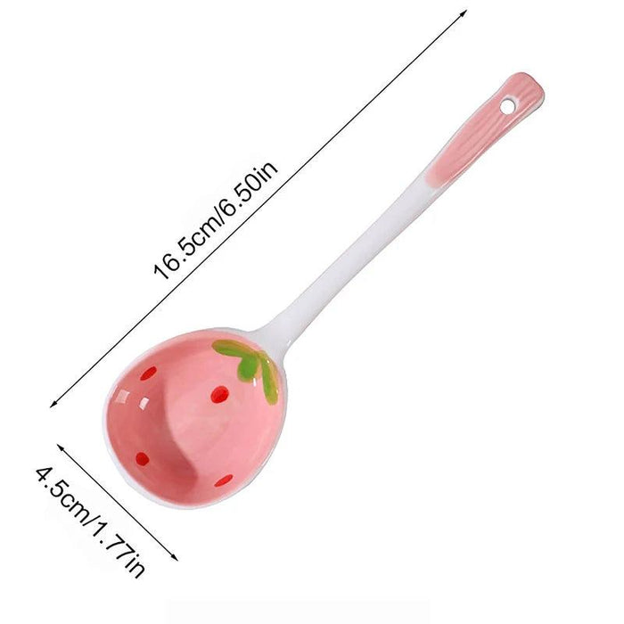 Strawberry Dreams Ceramic Soup Ladle with Hand-Painted Cartoon Patterns