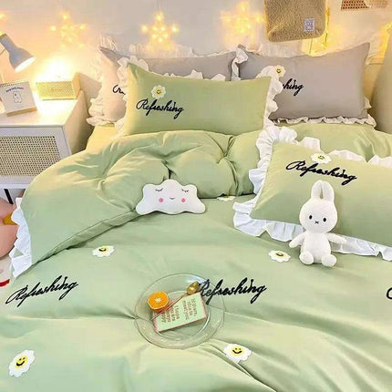 Korean Princess Ruffled Bedding Collection for Girls - Double Duvet Cover, Fitted Sheet, and Pillowcases in Multiple Sizes