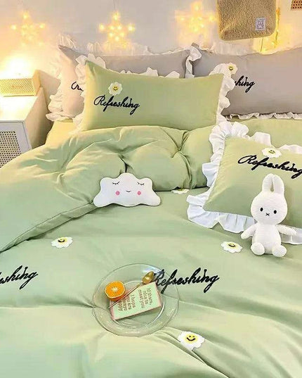 Korean Princess Ruffled Bedding Collection for Girls - Double Duvet Cover, Fitted Sheet, and Pillowcases in Multiple Sizes